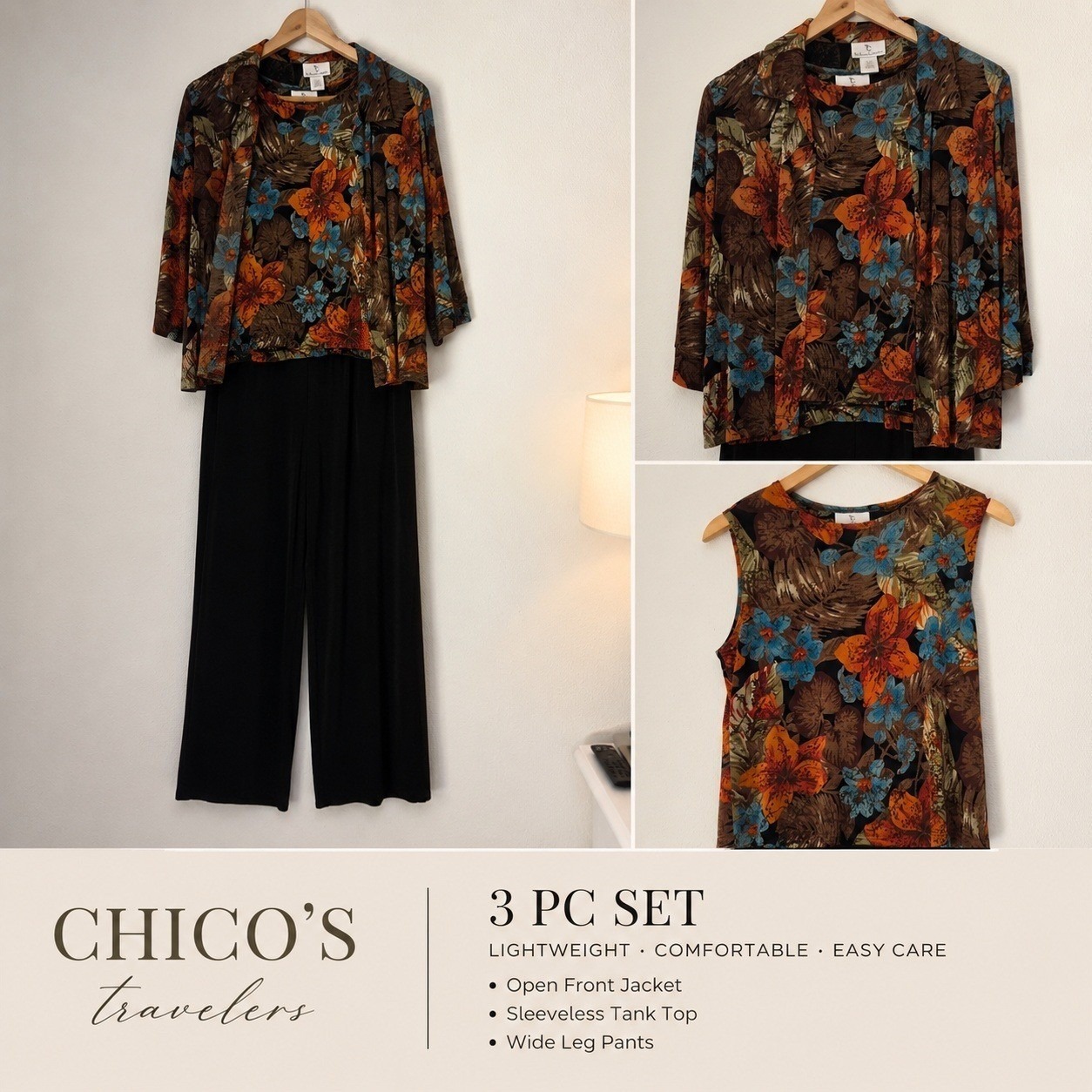 Chico's Travelers 3 Piece Set Floral Jacket Tank Wide Leg Pants Petite Medium Pm